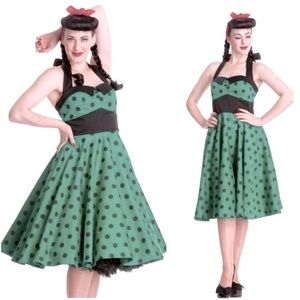 Hell Bunny Vixen Green Black Polka Dot Halter Dress Women’s Size XS